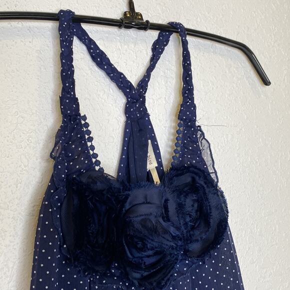 Blue Bird Polka Dot Sheer Dress Floral Appliqué Halter Midi Shift Dress Sz S Jun - Picture 2 of 13